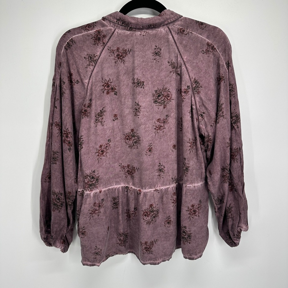 Lucky Brand Women M Mauve Floral Button Peplum Blouse Boho Cottagecore Top - Picture 8 of 11